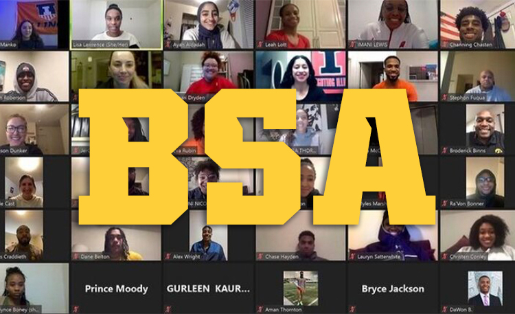 Background of student-athletes in a Zoom window with a BSA logo